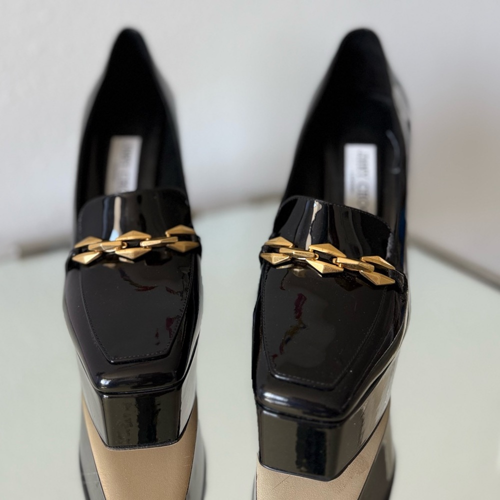 New JIMMY CHOO Diamond Tilda 140 Black Soft Patent Leather Loafers with Chain 38 - Picture 10 of 11